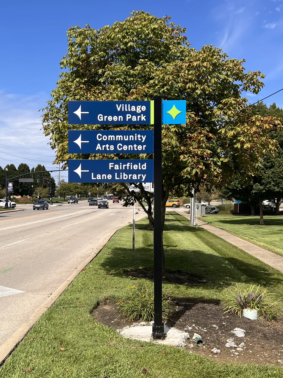 Directional wayfinding sign for Village Green Park, Community Arts Center and Fairfield Lane Library